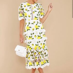 Just Me Floral Lace Midi Dress - White and Yellow Size S
